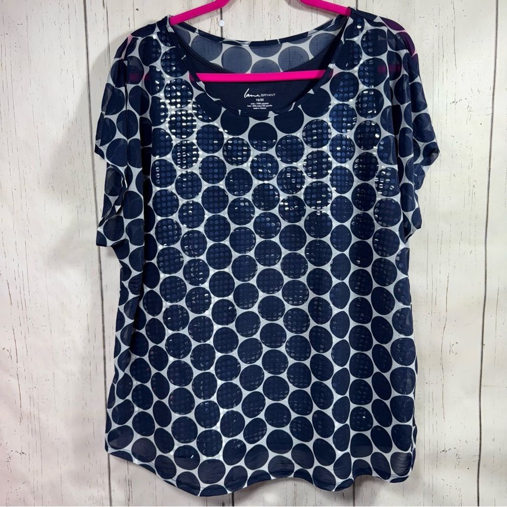 Lane Bryant Navy Polka Dot Sheer Overlay Top Size 18/20 Plus Size Career Casual